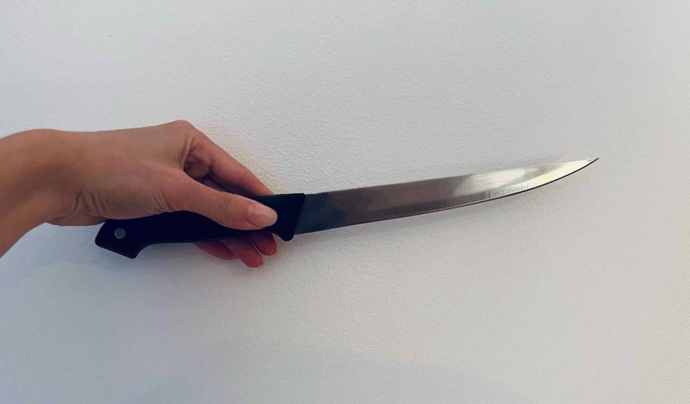 Kuchenmesser im Test: Kuchenmesser mit gebogener Klinge und schwarzem Griff wird in der Hand gehalten.