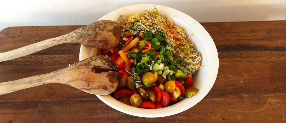 Holz-Salatbesteck getestet: Bunter Salat mit Salatbesteck aus Holz.