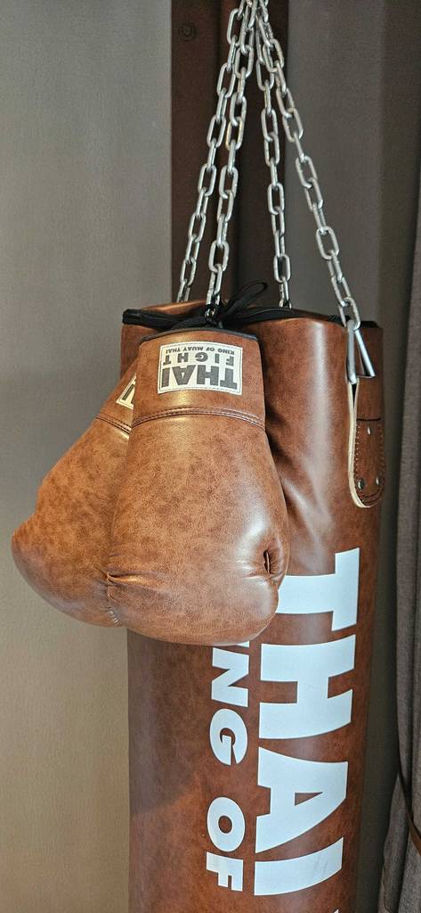 Boxsack im Test: ein brauner Boxsack mit braunen Boxhandschuhen daran befestigt.
