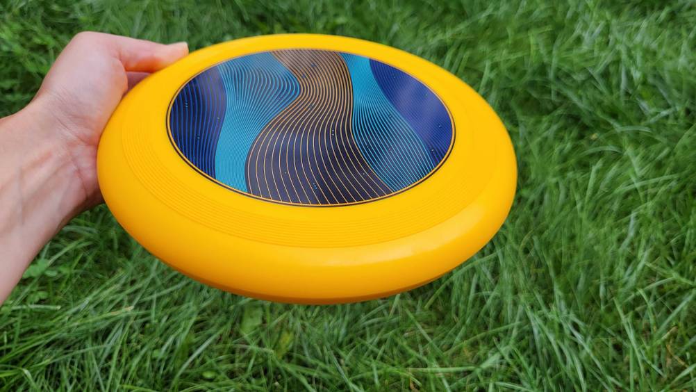 Im Test: Eine Hand hält einen Frisbee über eine Wiese.