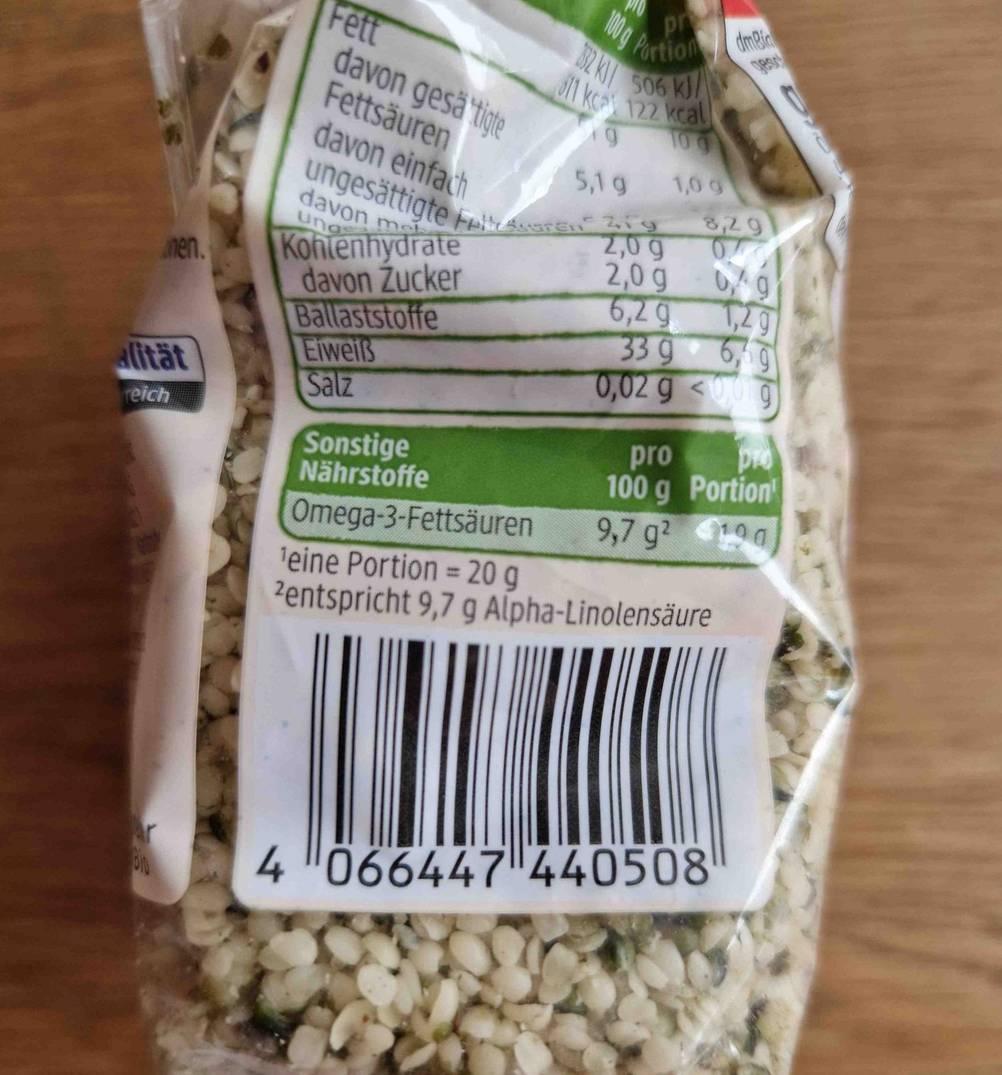 Hanfsamen-Test: Eine Packung Hanfsamen mit Nährstoffangaben und Barcode.