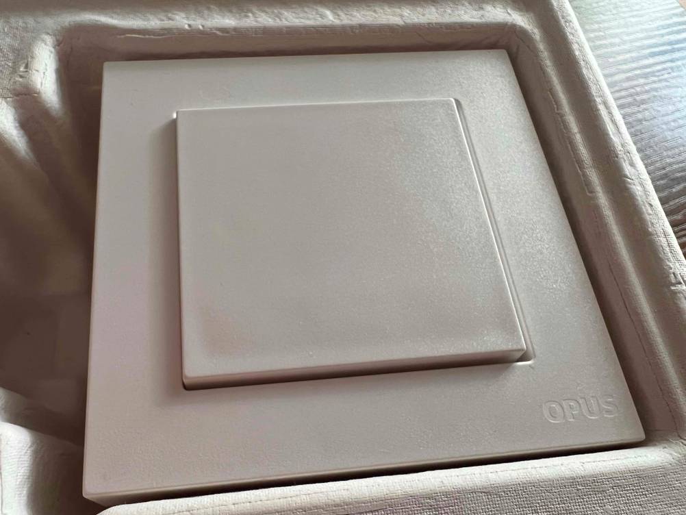 Im Test: Ein Smart-Home-Lichtschalter in einem Karton liegend.