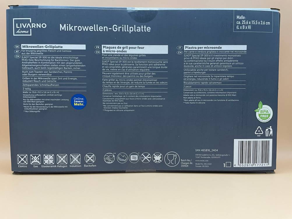 Die Rückseite der Verpackung worin sich die getestete Grillplatte befindet.