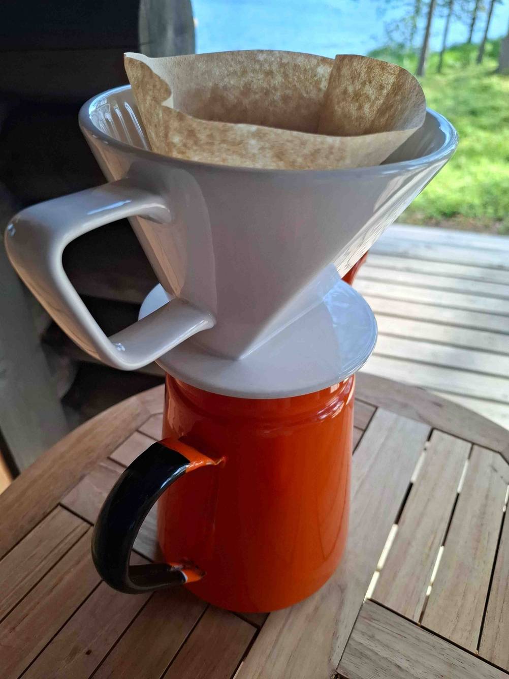 Der getestete Porzellan-Kaffeefilter ist auf einer Tasse platziert.