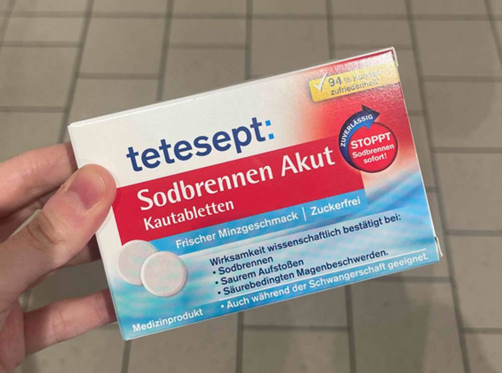 Mittel gegen Sodbrennen-Test: Vorderseite der Verpackung, worin sich die Kautabletten befinden.