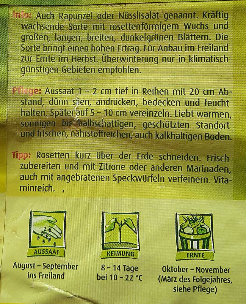 Verpackunsrückseite der getesteten Feldsalat-Samen mit Anwendungshinweisen.