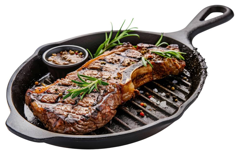 18-cm-Pfanne-Test: Grillpfanne mit geriffeltem Boden, in der ein Steak mit Kräutern gebraten wird.