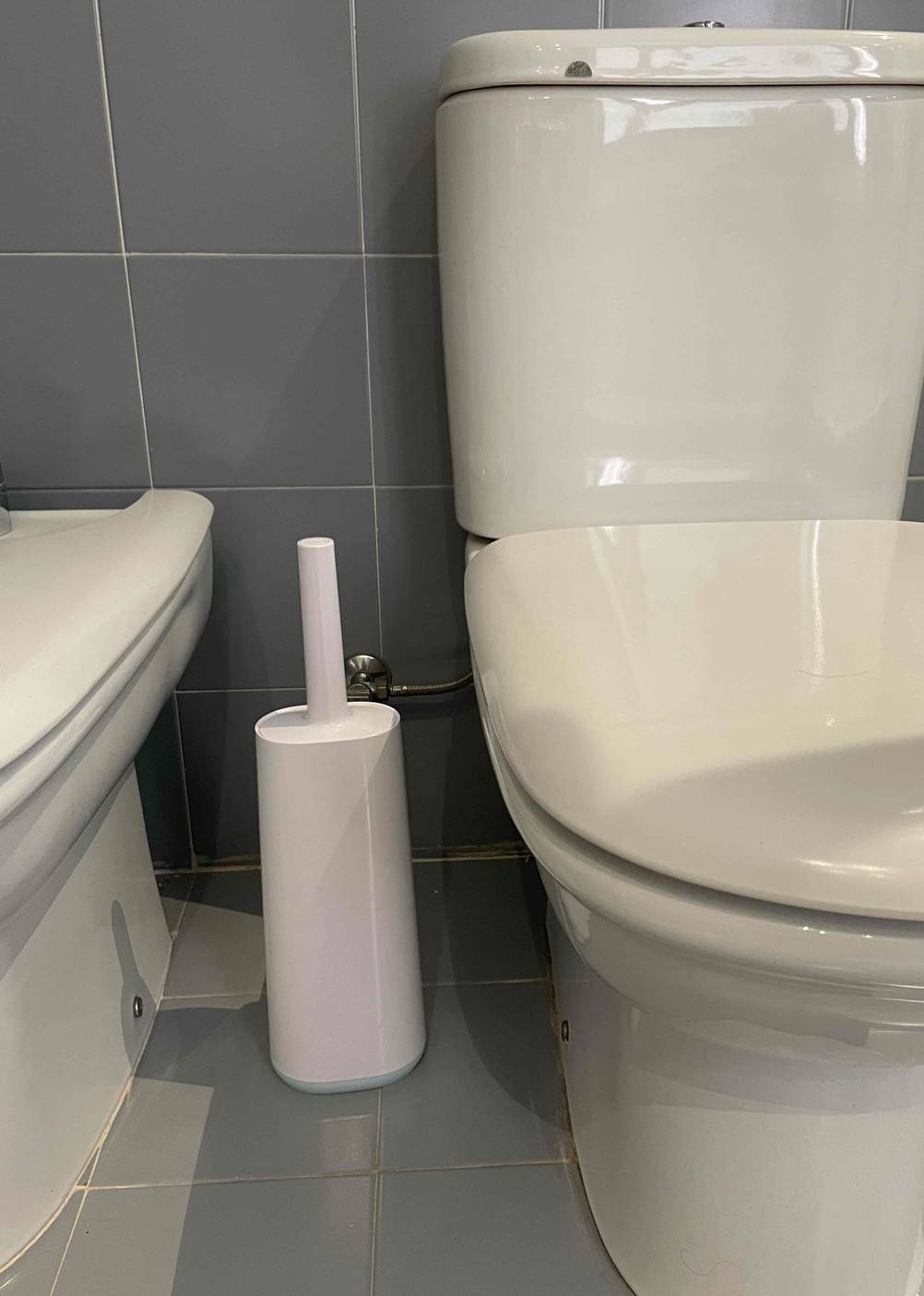 Silikon-Klobürste getestet; Silikon-Klobürste steht in der Aufbewahrung neben einer Toilette.