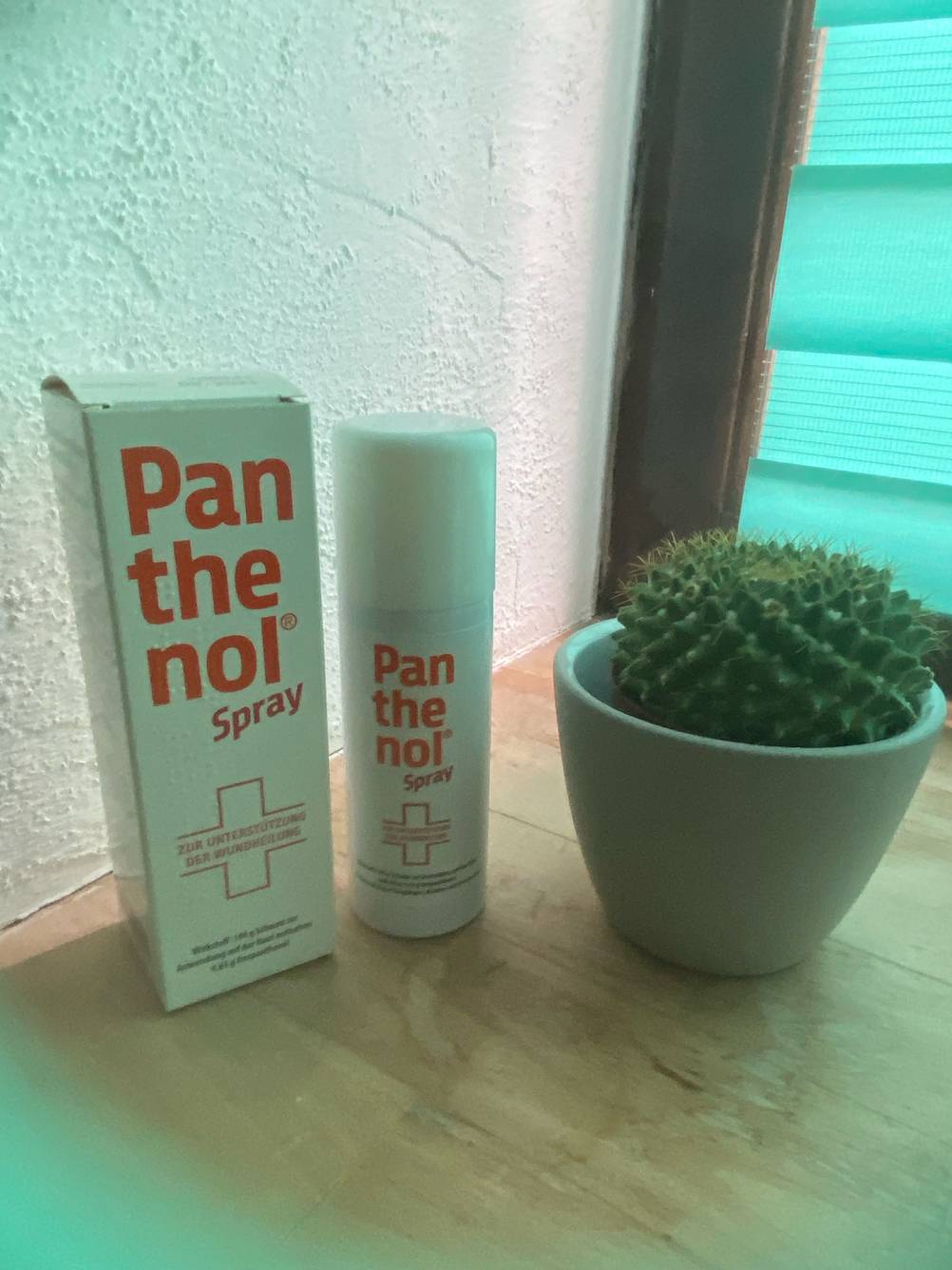 Verpackung und das getestete Panthenol stehen neben einem Kaktus.