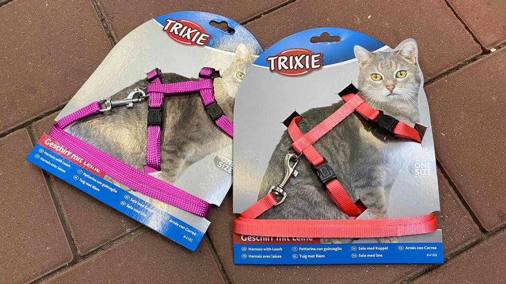 Katzengeschirr getestet: zwei Katzengeschirre in der Farbe Rot und Rosa liegen auf einem Boden.