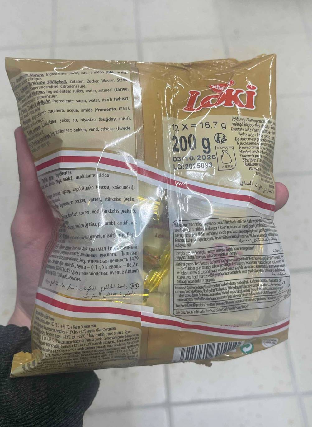 Die Rückseite der Tüte, worin sich die getesteten türkischen Süßigkeiten befinden mit 200 g Inhalt.
