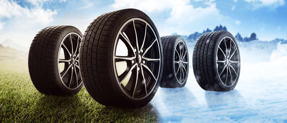 195/50 R16-Ganzjahresreifen im Test: Vier Reifen vor einem Hintergrund, der wechselnde Jahreszeiten zeigt