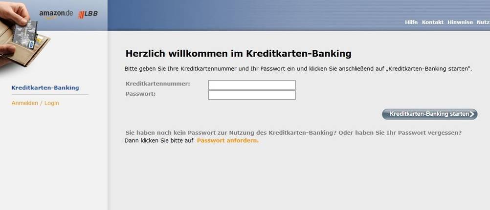 Login Seite der LBB Bank in Kooperation mit Amazon mit Eingabefeld für die Kreditkartennummer und Passwort