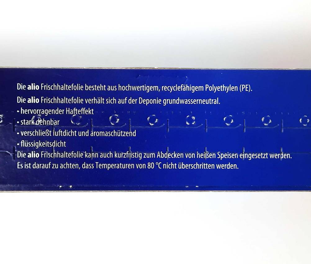 Informationen auf der Verpackung der getesteten Küchenfolie.