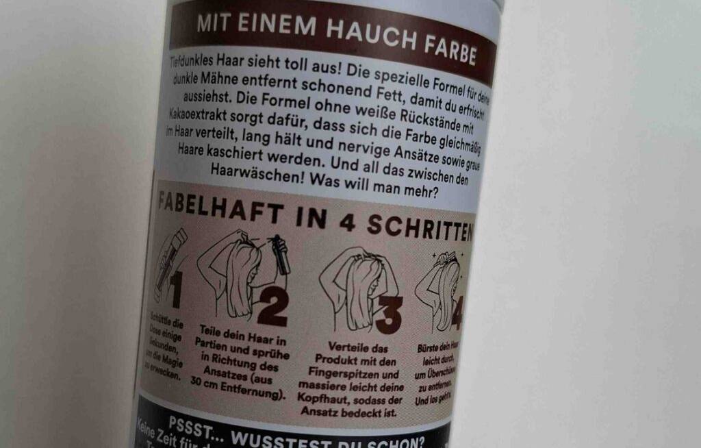 Ansicht der Anwendungsbeschreibung auf der Spraydose mit Batiste-Trockenshampoo im Test.