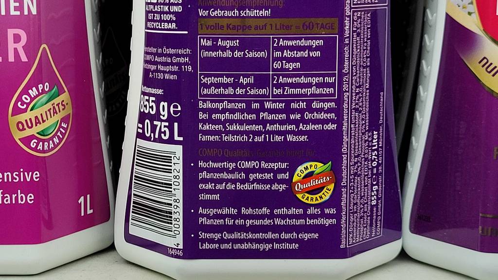 Unterseite der Flasche des getesteten Langzeitdüngers mit einem Inhalt von 0,75 Liter.