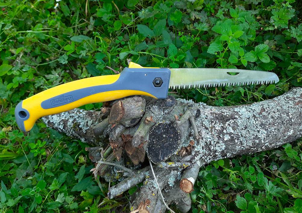 Die getestete Holzsäge liegt auf einem Baumstamm.