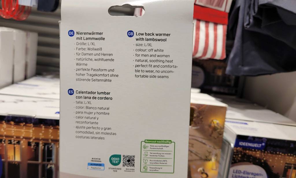 Nierenwärmer getestet: Die Rückseite der Verpackung eines Nierenwärmers.