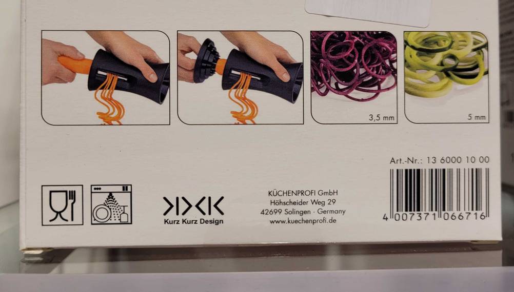 Applikationen auf der Verpackung des getesteten manuellen Spiralschneiders.