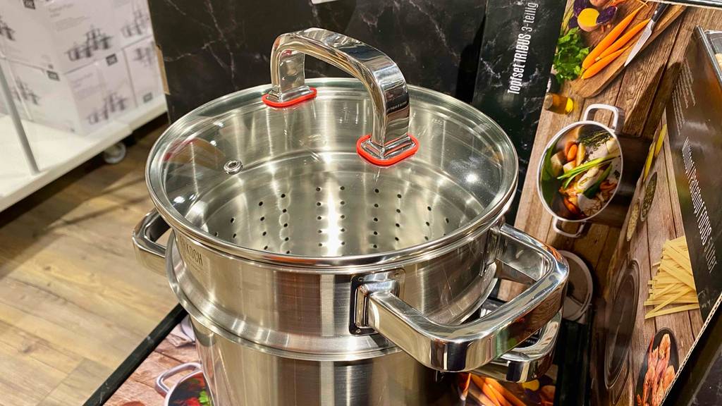 Spaghettitopf getestet: Deckel eines Spaghettitopfes in Nahaufnahme.