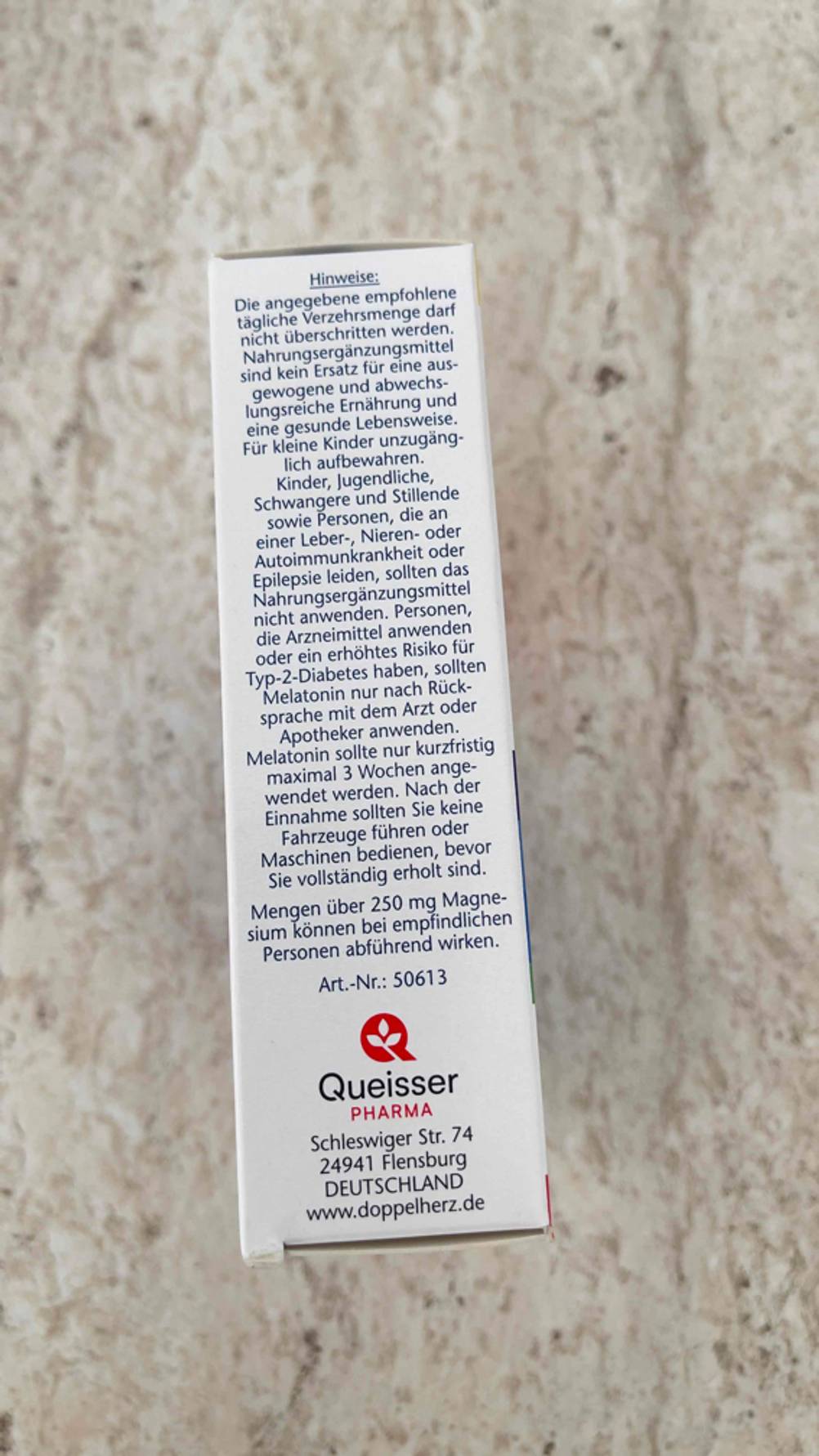 Die Hinweise der getesteten Melatonin-Tabletten auf der Verpackung.