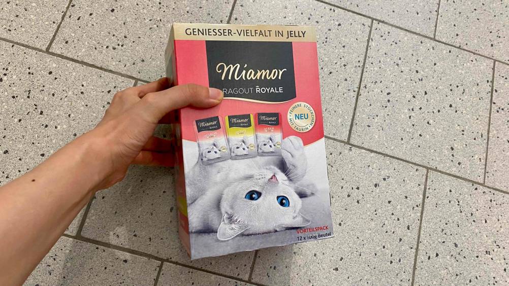 Eine Hand hält eine Packung getestetes Miamor-Katzenfutter vor einen hellen Fließenboden