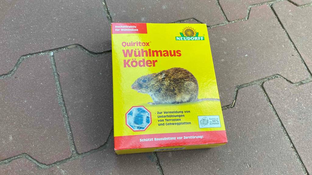 Eine Packung getesteter Wühlmausköder liegt auf einem Steinboden