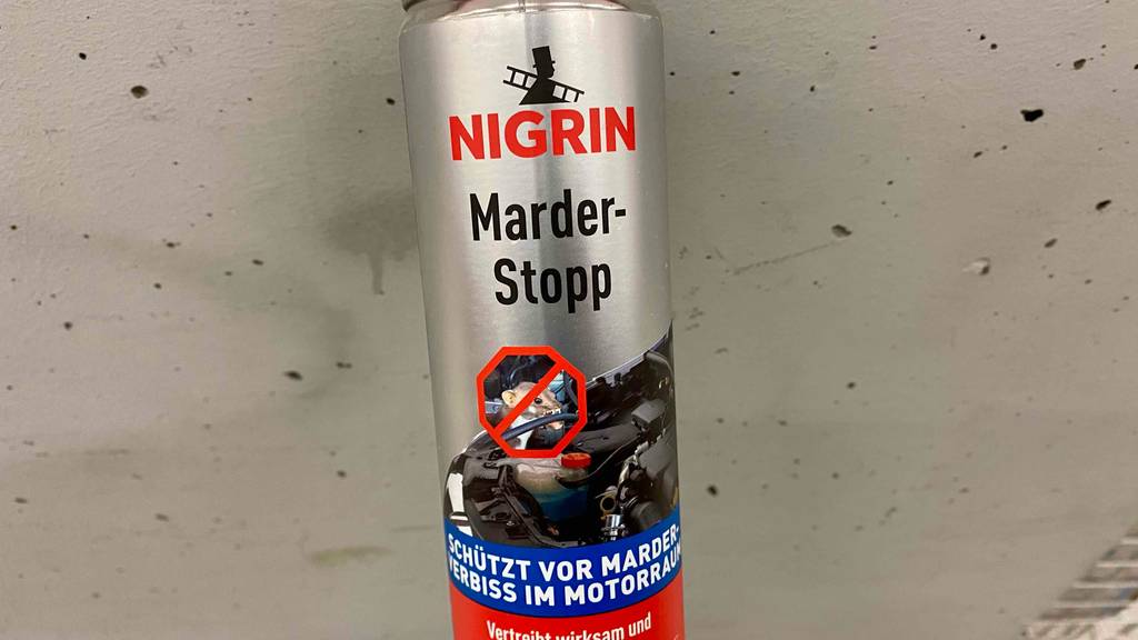 Marderspray getestet: Nahaufnahme Label und Logo der Dose.