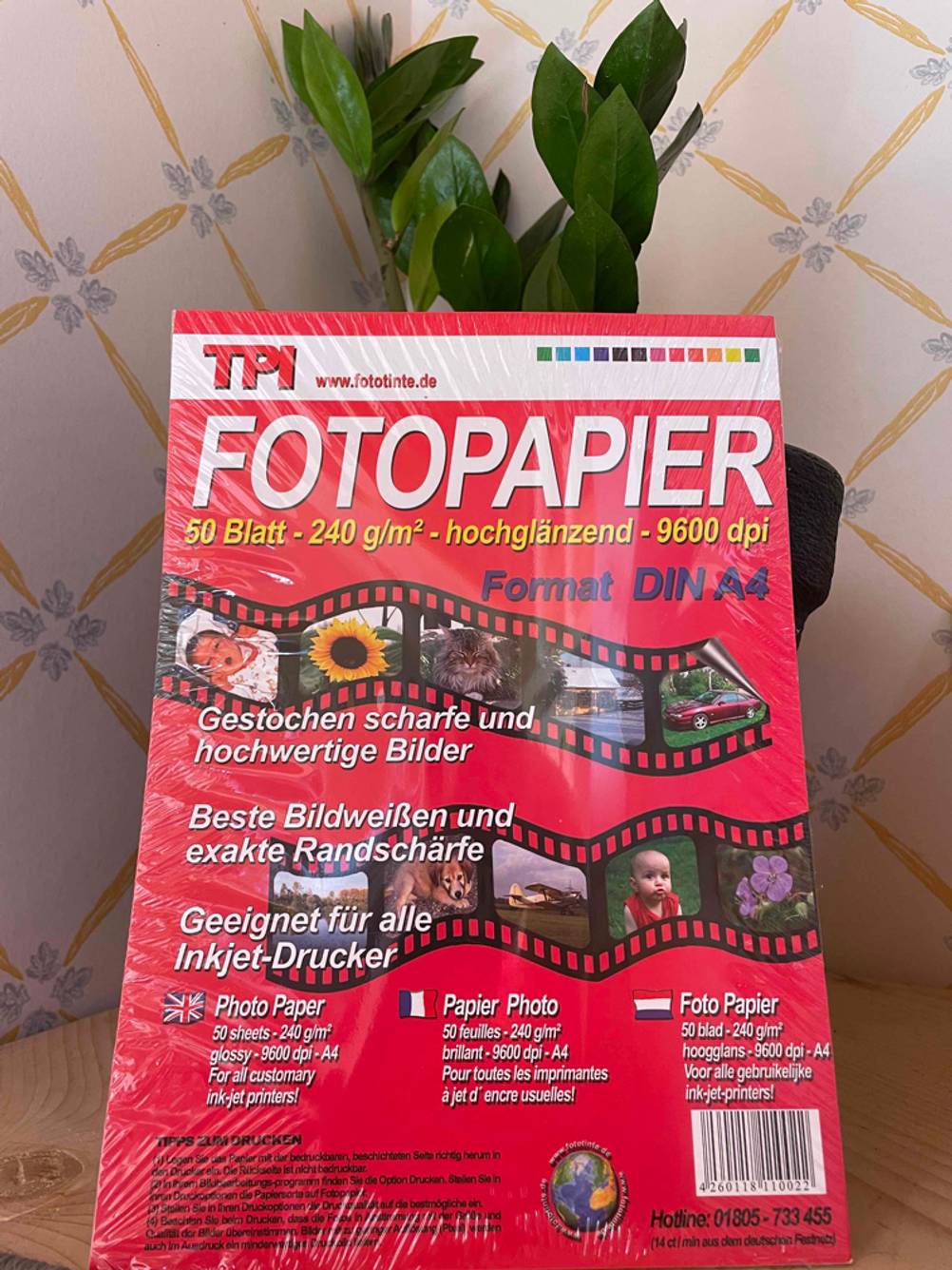 Eine Packung getestetes Fotopapier steht vor einer Pflanze auf einer Holzfläche.