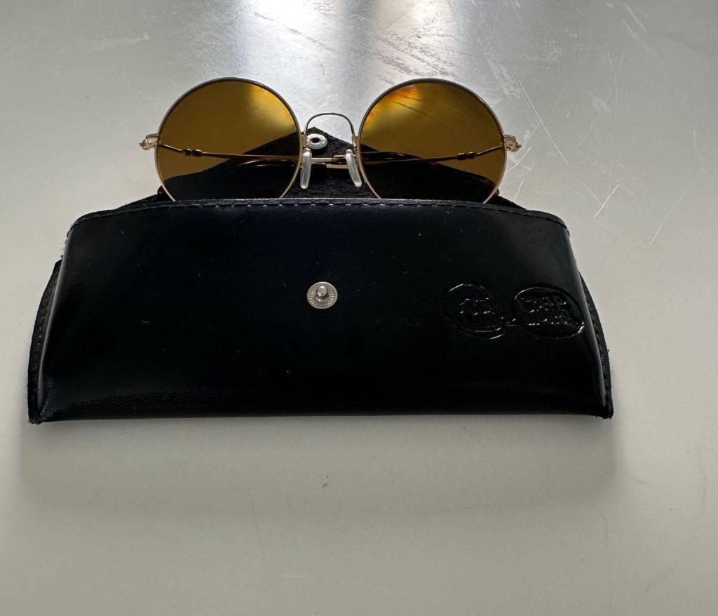 Polarisierte-Sonnenbrille im Test: eine Sonnenbrille hinter einem Case zur Aufbewahrung einer Sonnenbrille platziert.