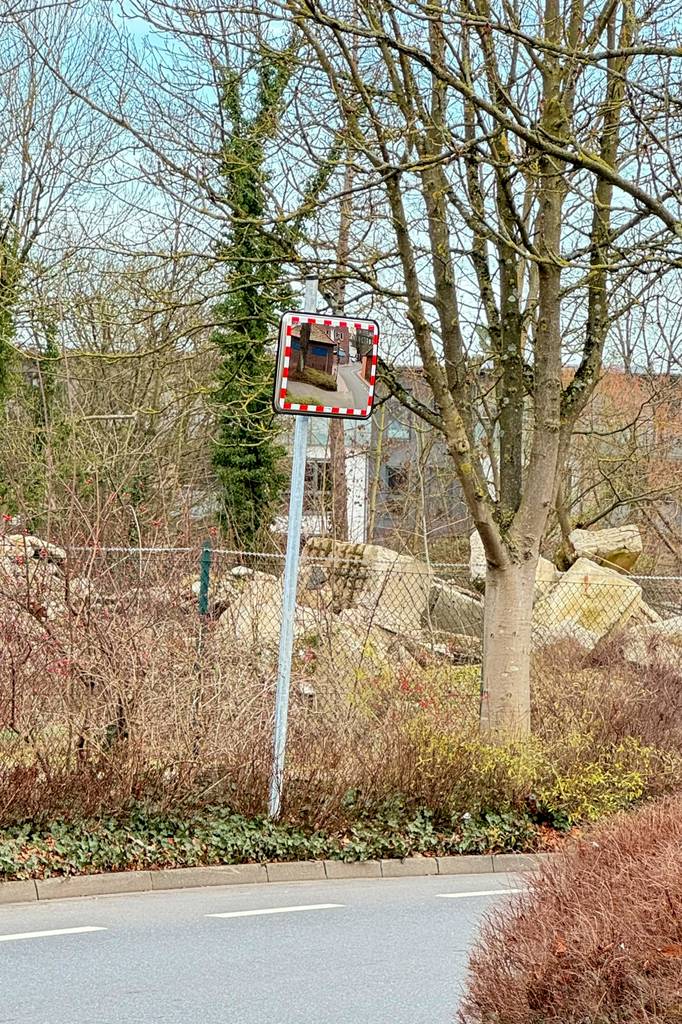 Test: Ein Verkehrsspiegel wird von einer Ausfahrt aus belichtet.