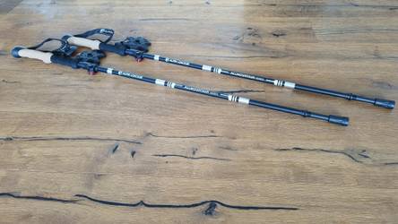 Zwei schwarze Wanderstöcke liegen nebenaneinander auf dem Boden. 