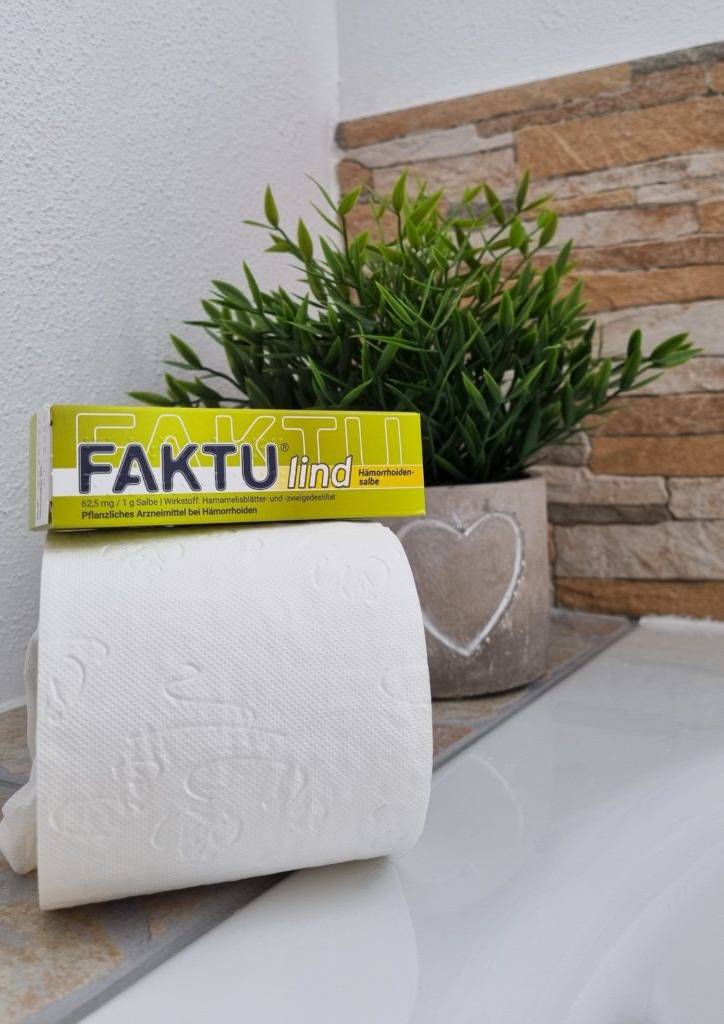 Faktu im Badezimmer mit einer Rolle Toilettenpapier