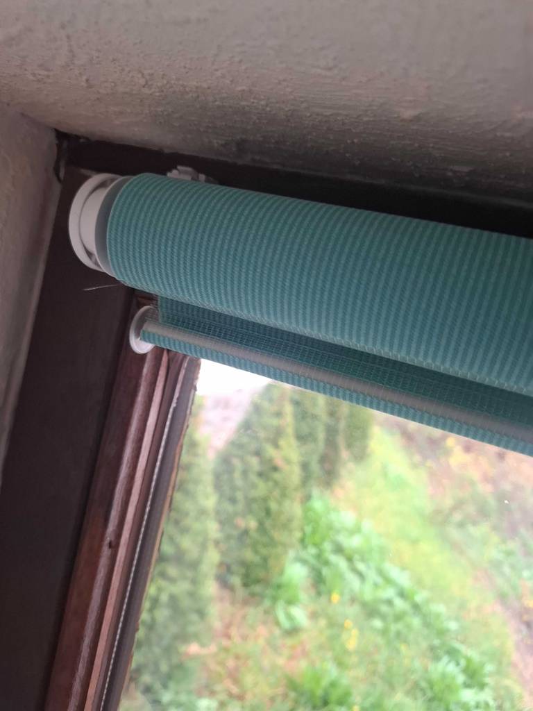 Das getestete Verdunkelungsrollo imn Grün befindet sich in der Aufhängung an dem Fensterrahmen.