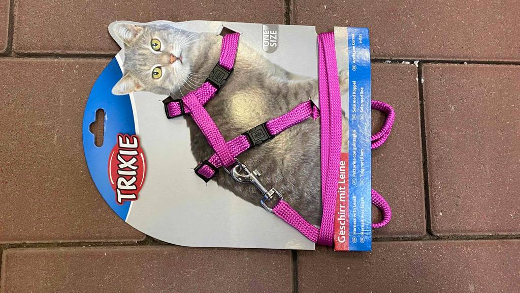 Katzengeschirr-Test: Katzengeschirr in der Farbe Rosa von Trixie liegt auf einem Boden.