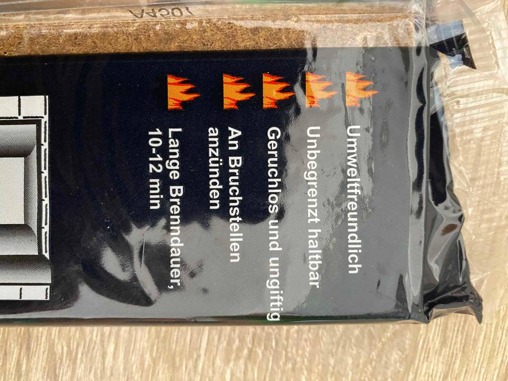 Kaminanzünder Rückseite der Verpackung.