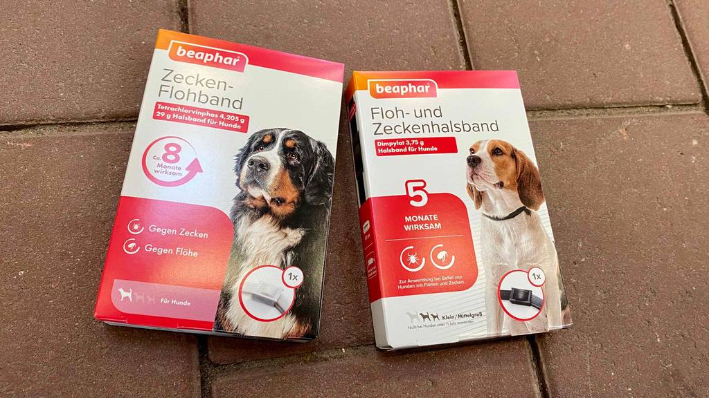 Im Test: Zwei unterschiedliche Packungen Zeckenhalsband für Hunde auf einem Steinboden