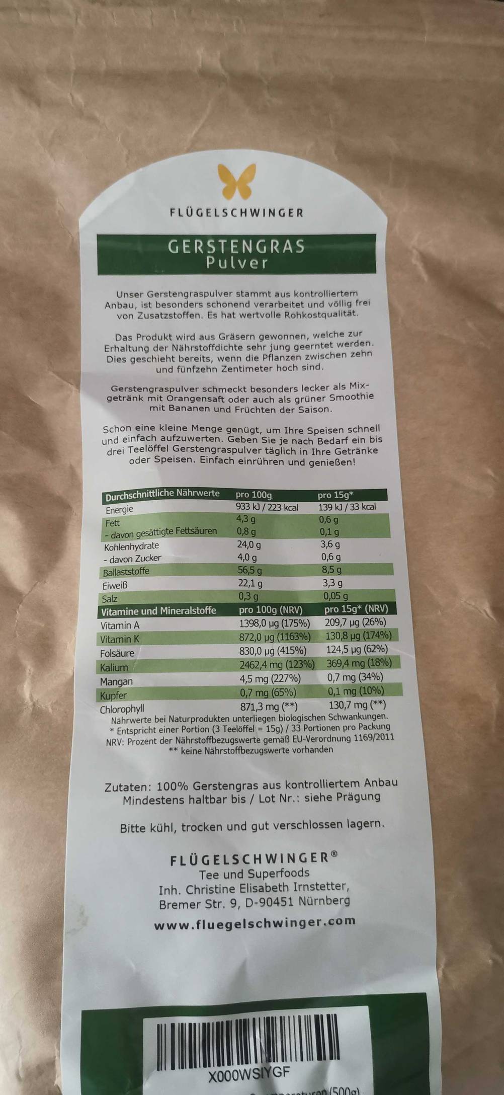Flügelschwinger Gerstengras-Pulver Verpackung von der Rückseite