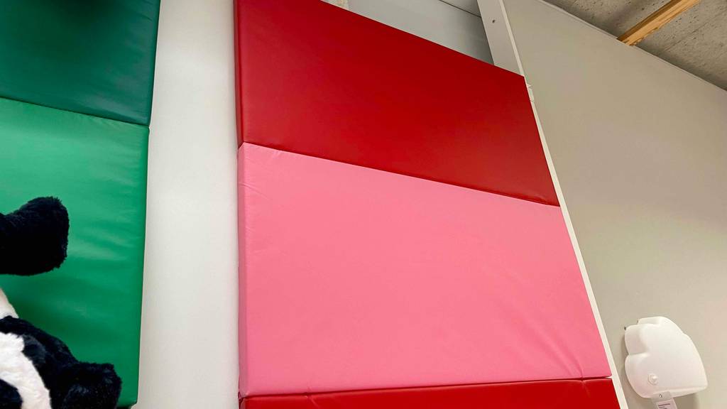 Faltbare-Gymnastikmatte getestet: Eine rot-rosafarbige faltbare Gymnastikmatte in Nahaufnahme ist an einer Wand ausgestellt.