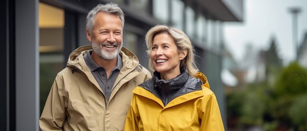3-in-1-Jacke für Damen im Test: Ein Paar mit Regenjacken vor einem urbanen Hintergrund.