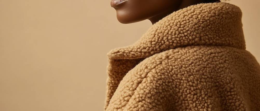 Test einer 3-in-1-Jacke für Damen in Nahaufnahme: Eine Frau mit dunkler Haut trägt eine Fleecejacke in Beige vor einem beigefarbenen Hintergrund in Nahaufnahme.