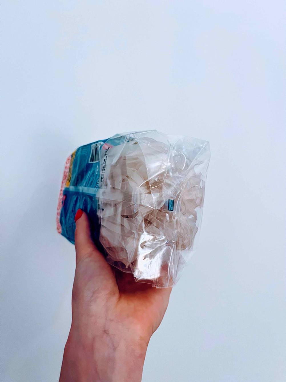 Konjak-Nudeln getestet: Eine Hand hält die Unterseite einer Packung nach oben.