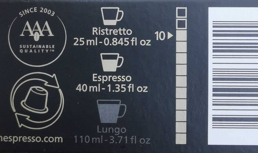 Entkoffeinierter Kaffee getestet: Detailaufnahme Aufdruck über ml-Angaben der verschiedenen Zubereitungen.