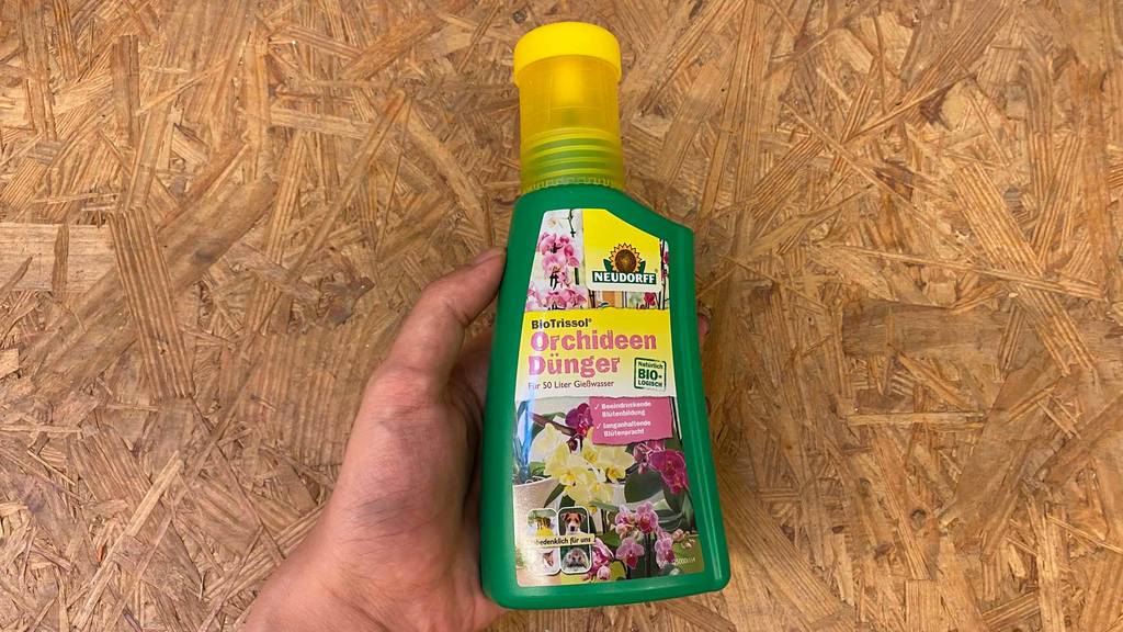 Orchideendünger im Test: Eine Hand hält eine Flasche Dünger vor eine Holzfläche