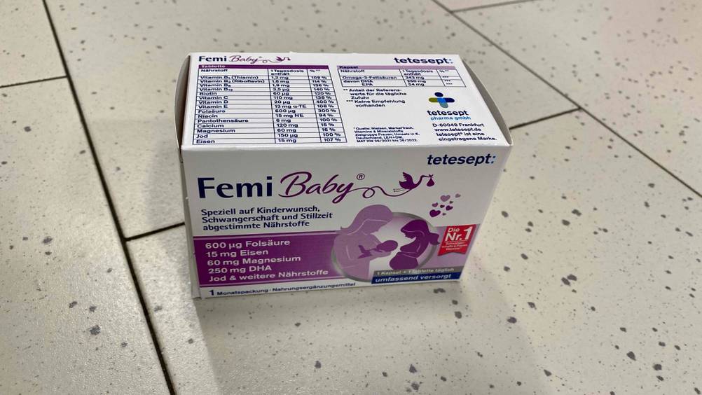 Schwangerschaftsvitamine im Test: eine Packung Schwangerschaftsvitamine von Tetesept mit Nährstoffangaben.
