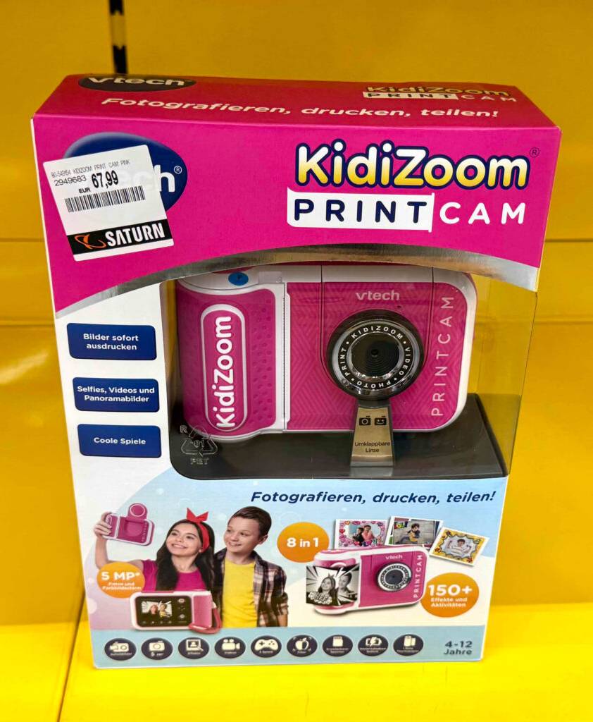 Nahaufnahme der Verpackung inklusive der getesteten VTech-Kinderkamera.