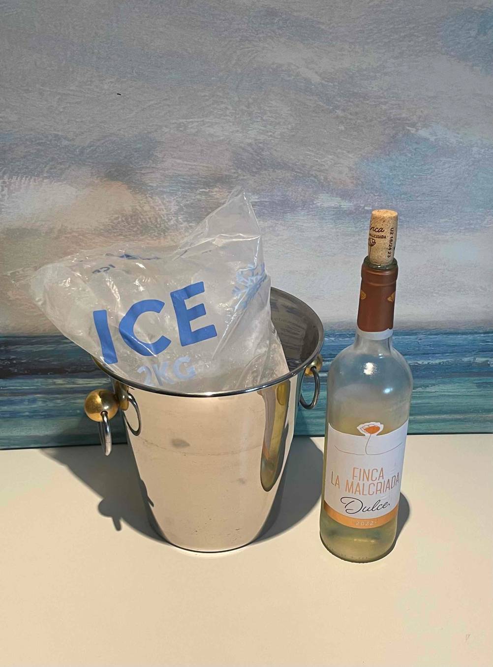 Getesteter Eiskuebel mit Eis neben einer Flasche Wein