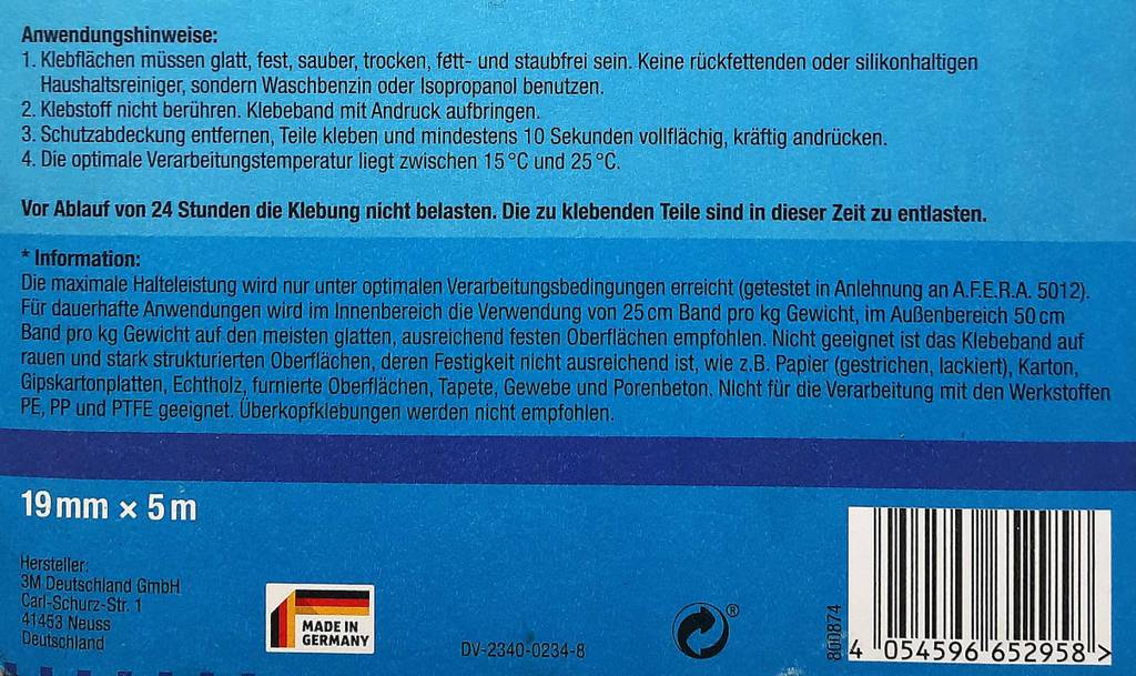 Doppelseitiges Klebeband-Test: Auf dem Blister stehen Informationen zur Anwendung und wichtige Hinweise.