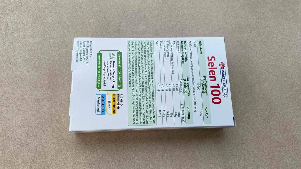 Selen-Test: Rückseite von Verpackung mit Nährstoffangaben und anderen Hinweisen.