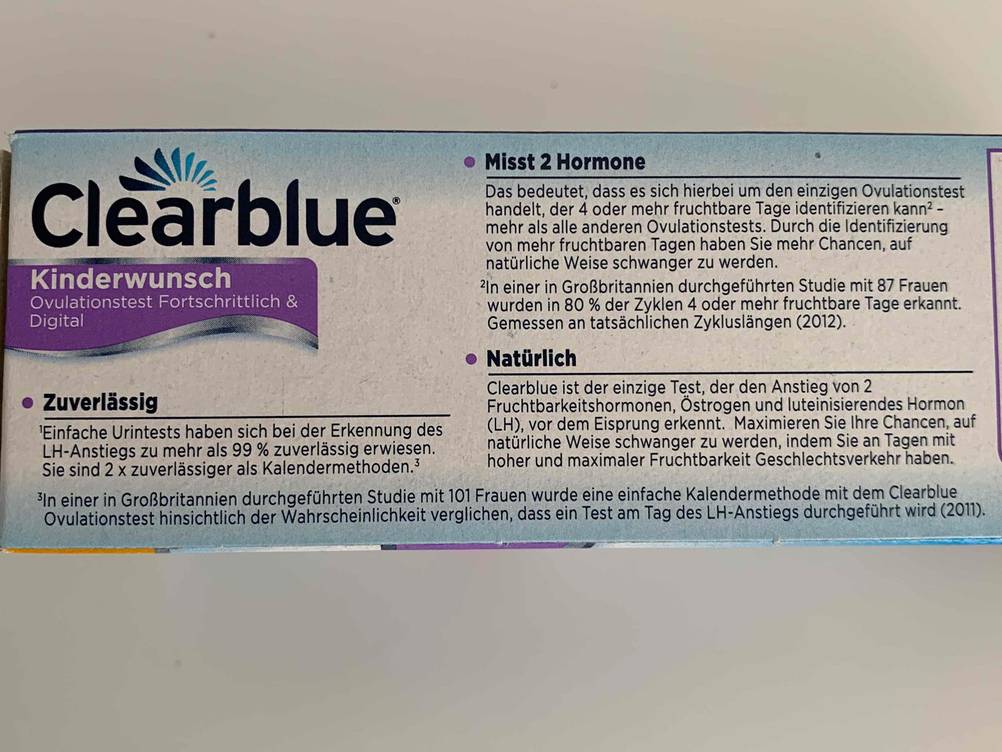 Ovulationstest getestet: Rückseite von Verpackung eines Ovulationstests der Marke Clearblue.